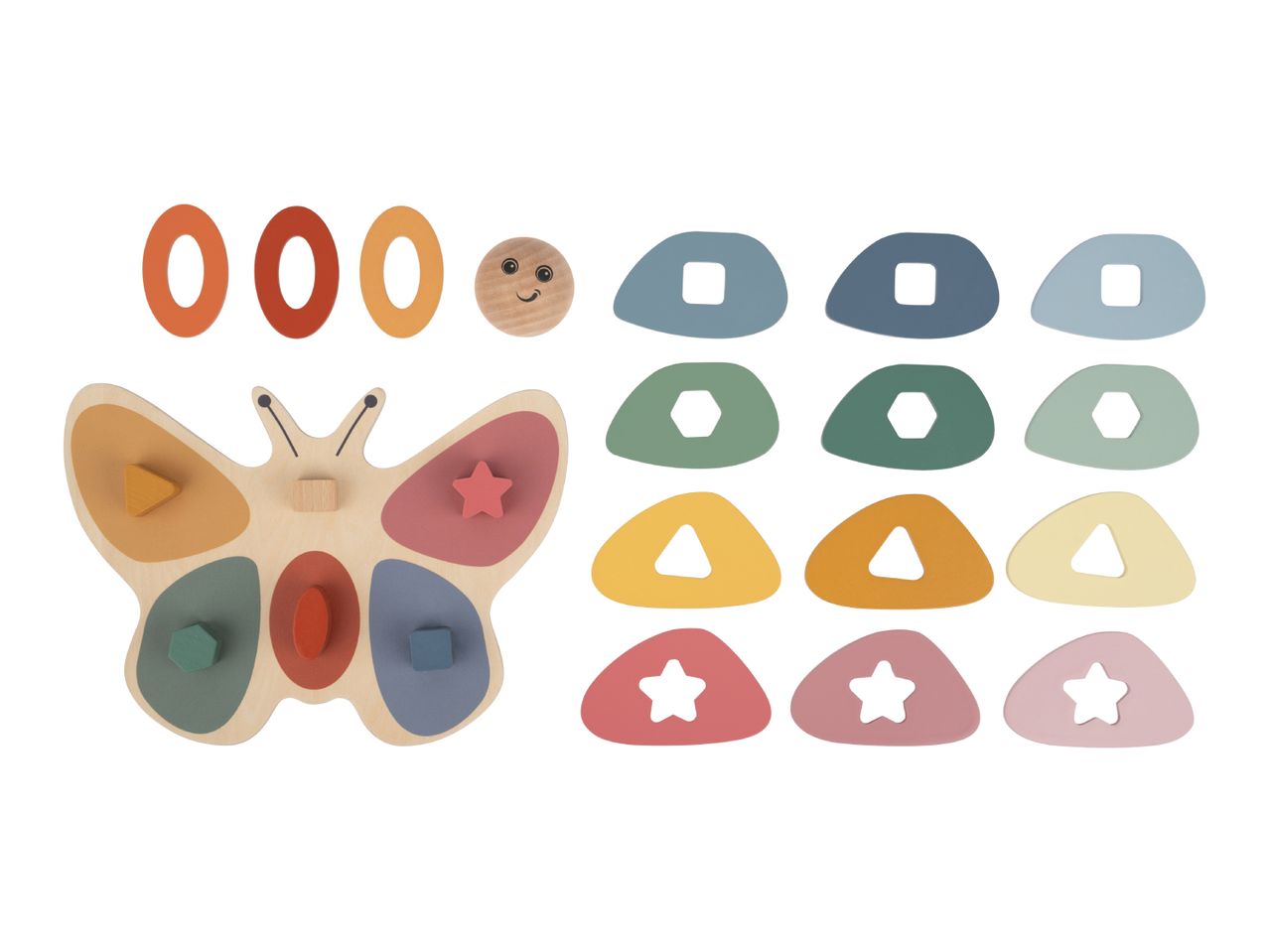 Wooden butterfly shape sorter with colorful shapes, numbers, and a smiley face.