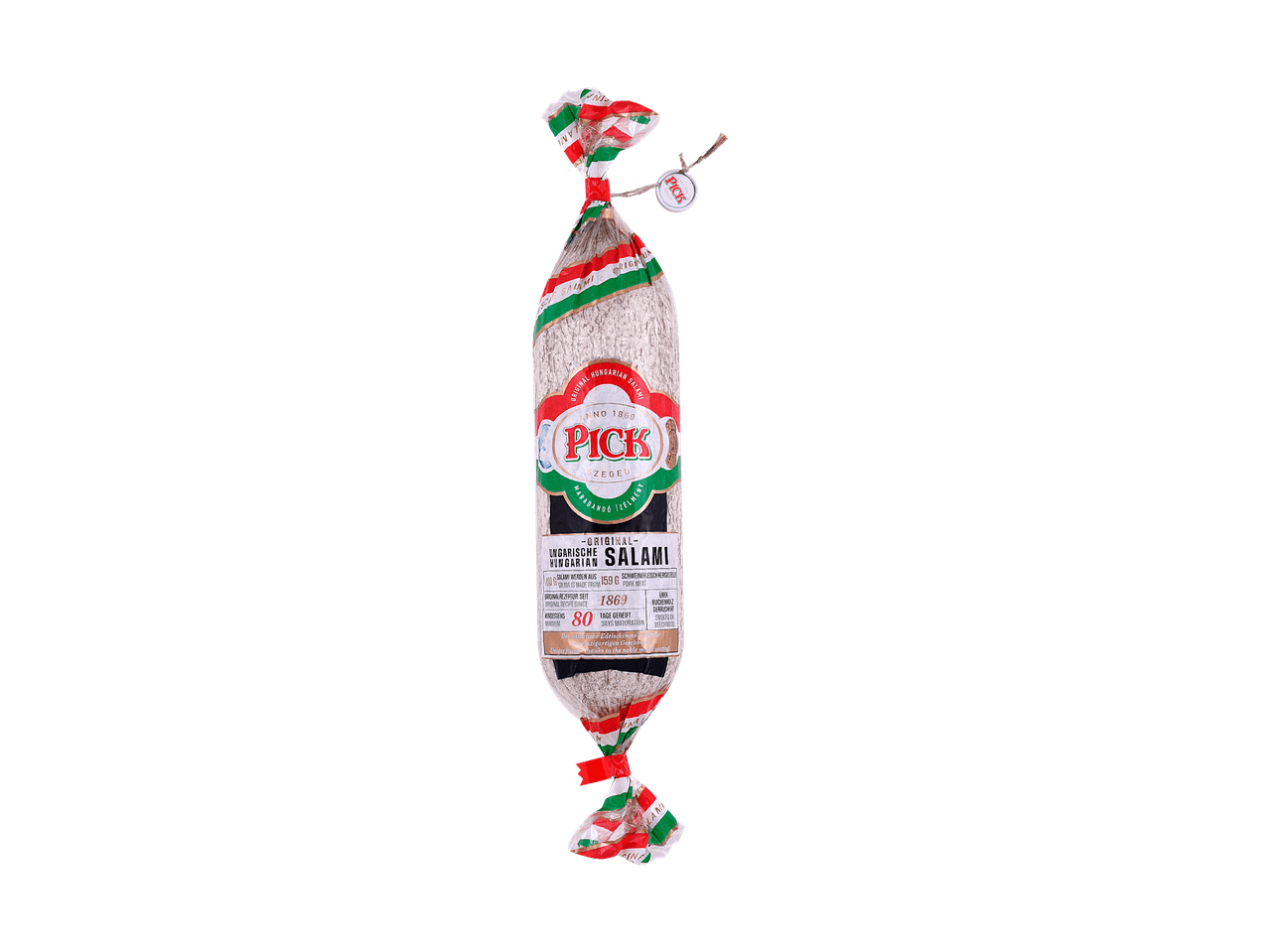 Pick Szeged ungarische Salami im traditionellen Verpackungsdesign.