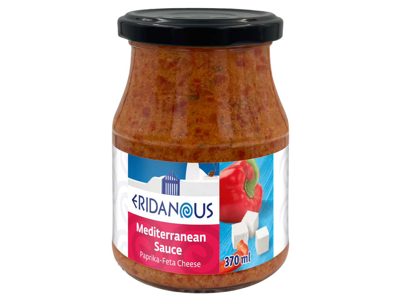 Sos mediteranean Eridanous, un sos de paprika și brânză feta într-un borcan.