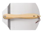 Pizza peel with a wooden handle and a leather loop, made of brushed stainless steel.