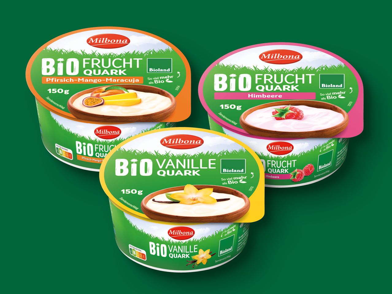 Milbona Bioland Bio Quark: Vanille, Pfirsich-Mango-Maracuja und Himbeere.
