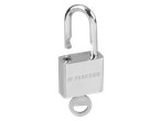 Cadeado Parkside aberto com chave, de metal prateado brilhante.