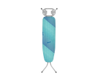 A Vileda ironing board with a blue and teal patterned cover.