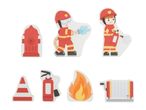 Firefighter-themed cutouts including firemen, hydrant, extinguisher, cone, fire, and hose reel.