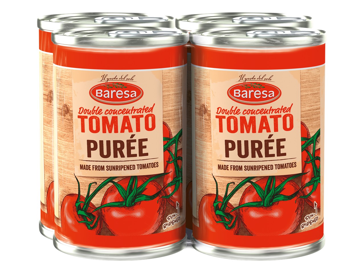 Acht blikken dubbel geconcentreerde tomatenpuree, gemaakt van zongerijpte tomaten.