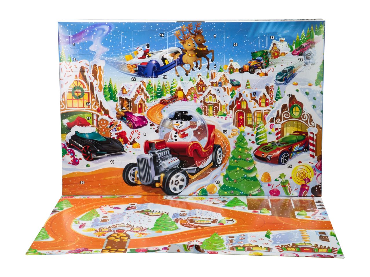 Hot Wheels Advent Calendar with a Christmas-themed car track and numbered doors.