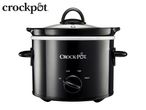 Black slow cooker with a glass lid and a dial for off, low, high, and warm settings.