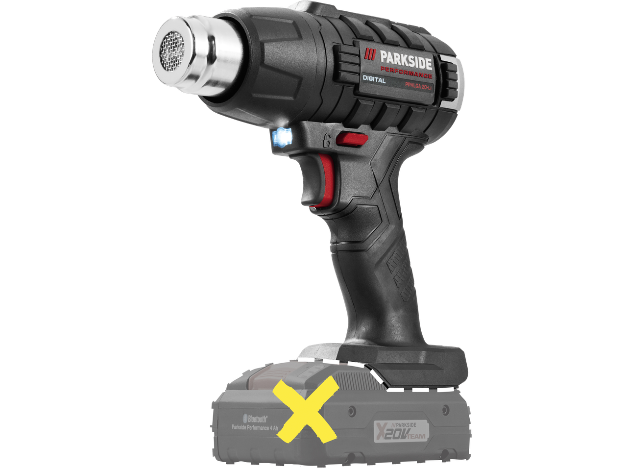 Pistola de ar quente sem fio PARKSIDE PERFORMANCE PPHLGA 20-Li com bateria Bluetooth