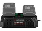 Зарядно устройство Parkside X 20V Team с две батерии и таблица за времето на зареждане.