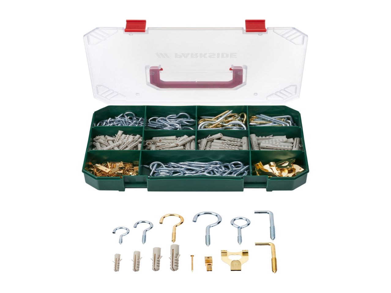 A clear plastic organizer box filled with various hooks, screws, wall plugs, and picture hangers.