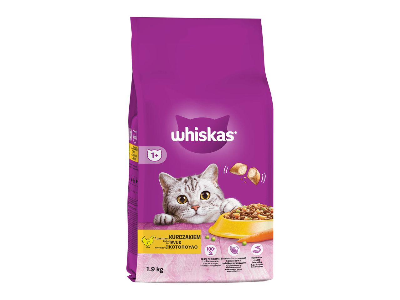 Συσκευασία τροφής γάτας Whiskas με γεύση κοτόπουλο και βάρος 1,9 κιλά.