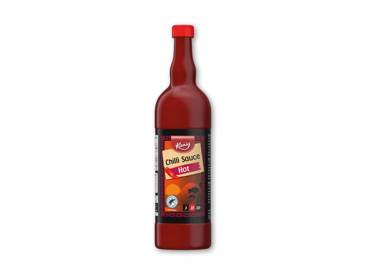 En flaske med rød chilisauce med teksten 'Chilli Sauce Hot' på etiketten.