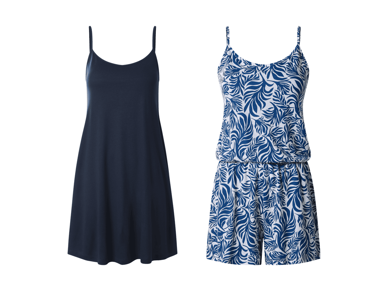 Dunkelblaues Nachthemd und blauer Overall mit Blättermuster