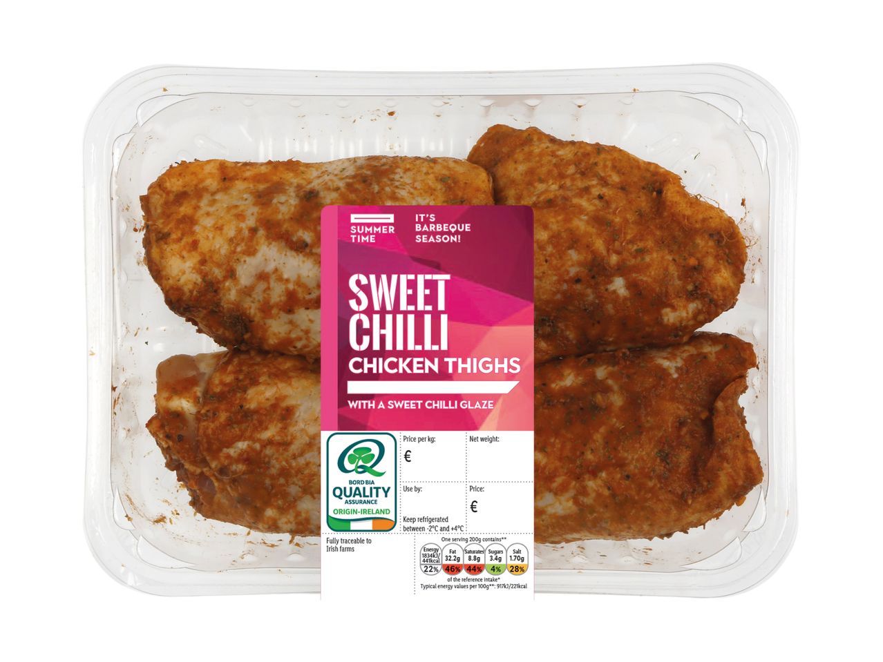 Sweet Chilli Chicken Thighs in a clear plastic tray, with a pink label highlighting 'Summer Time Barbeque Season' and nutritional information.