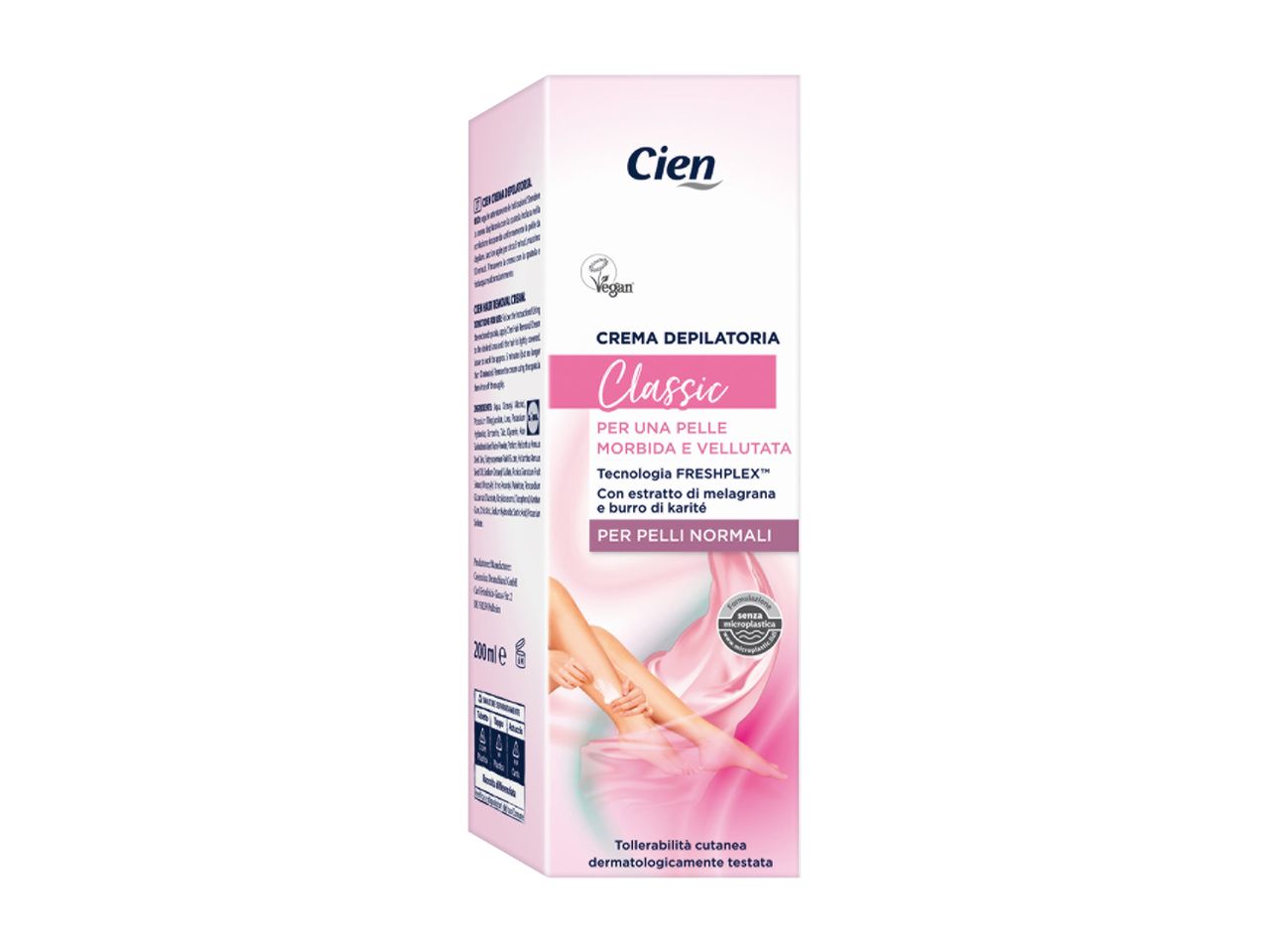 Crema depilatoria Cien Classic per pelli normali, con estratto di melagrana e burro di karité.