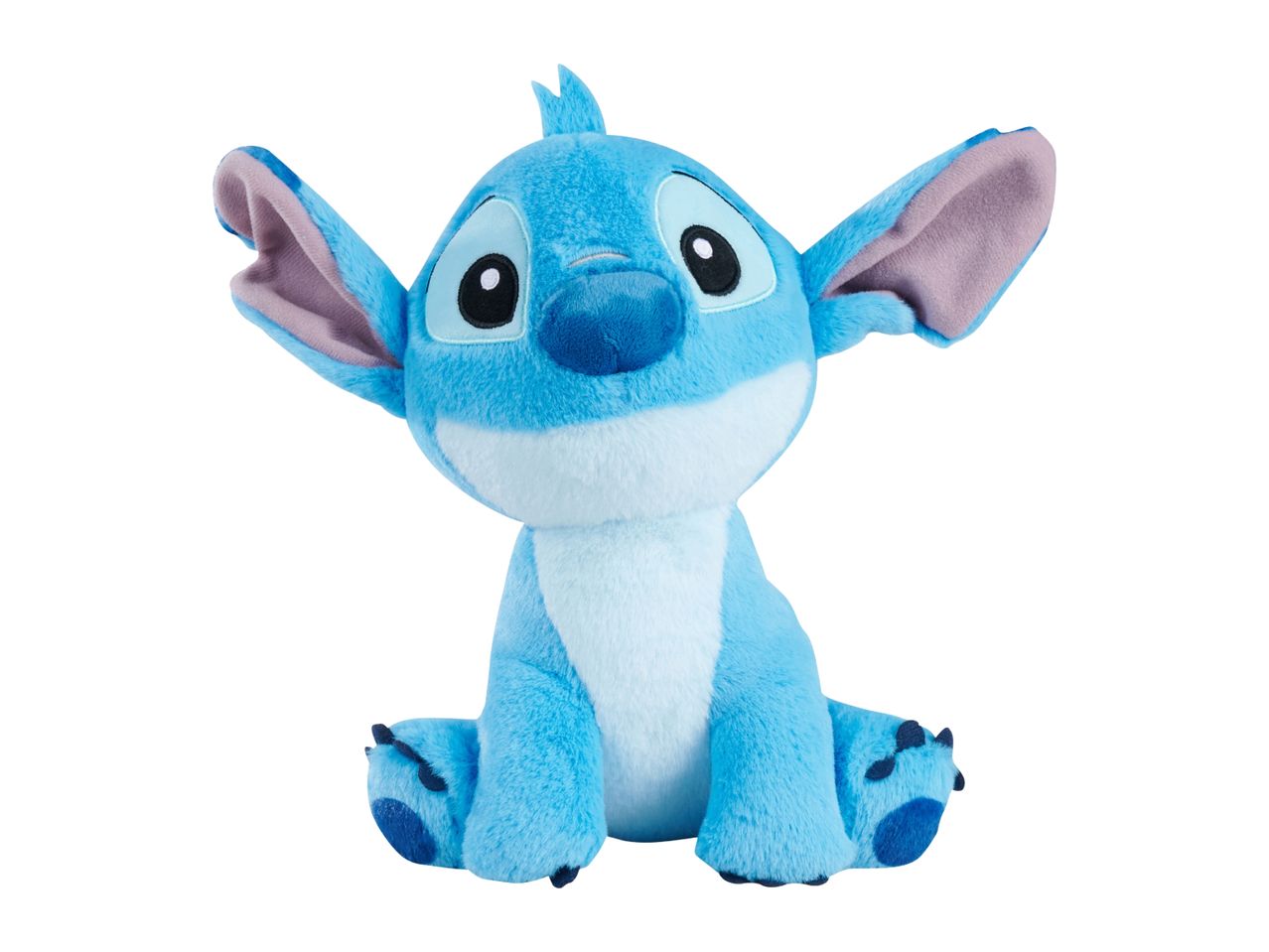 Blue plush toy of a cartoon alien character with large ears and a wide smile
