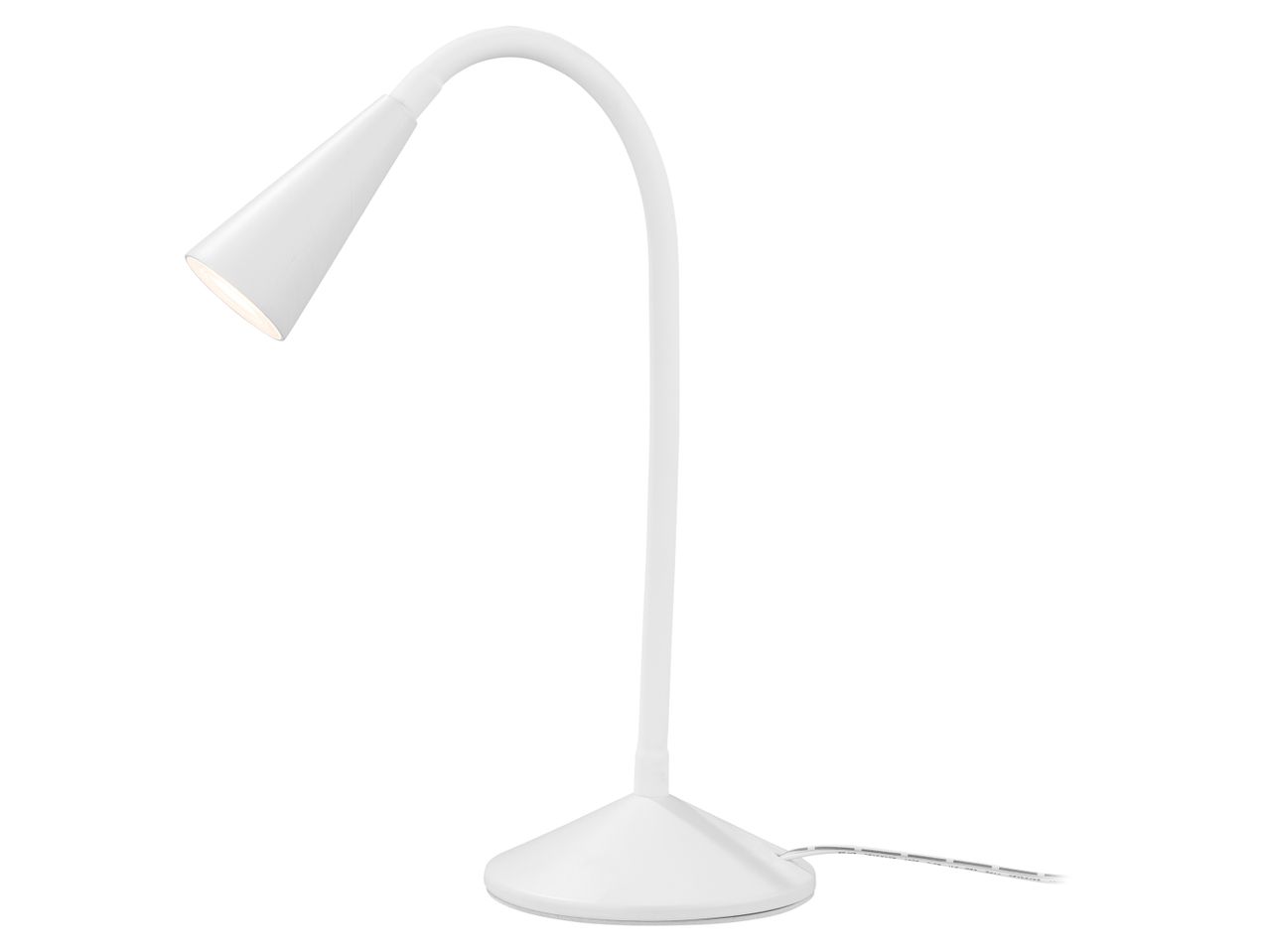 Lampada da tavolo bianca con collo d'oca flessibile e base rotonda.
