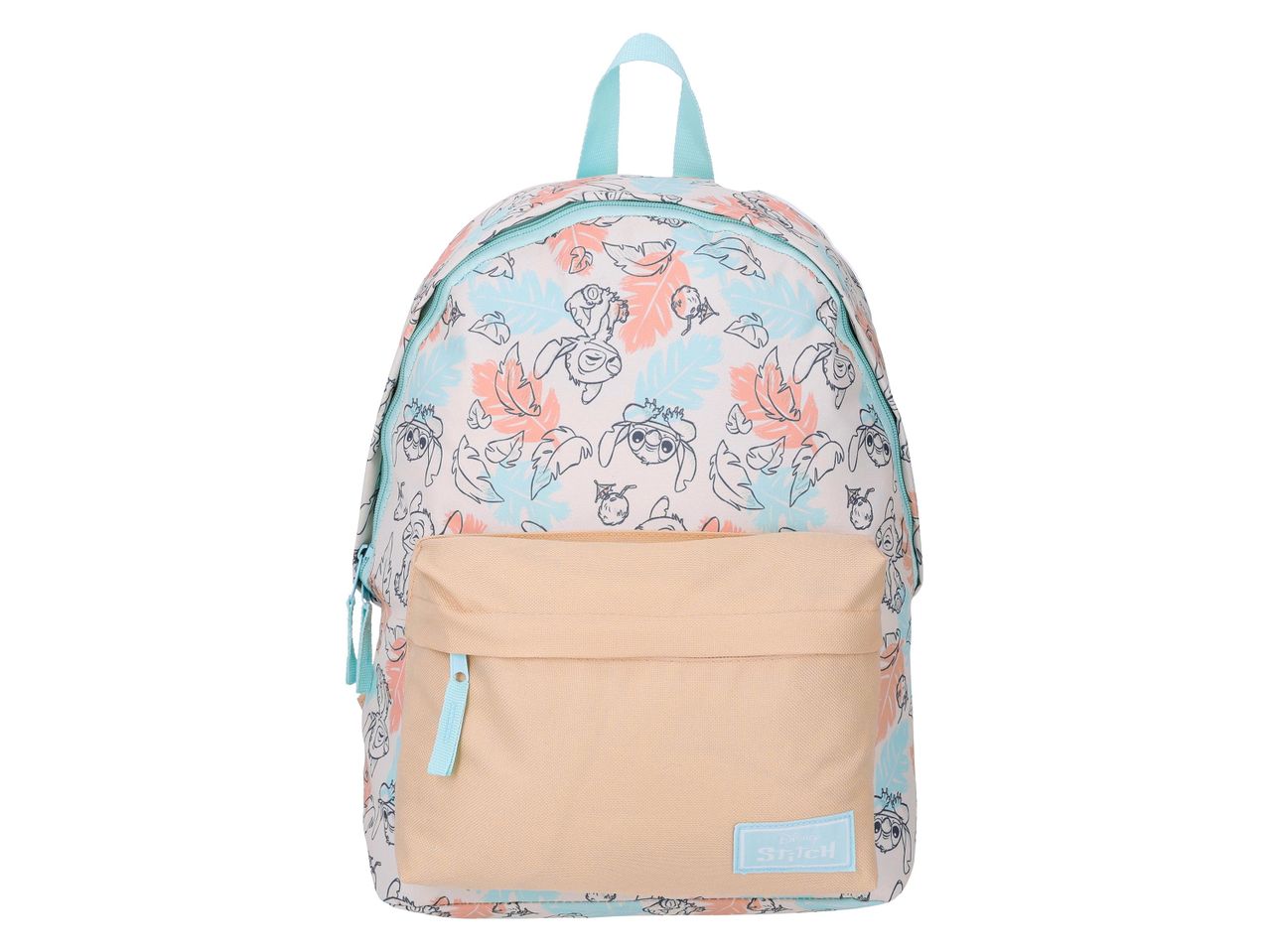Disney Stitch hátizsák trópusi levélmintával és bézs elülső zsebbel.