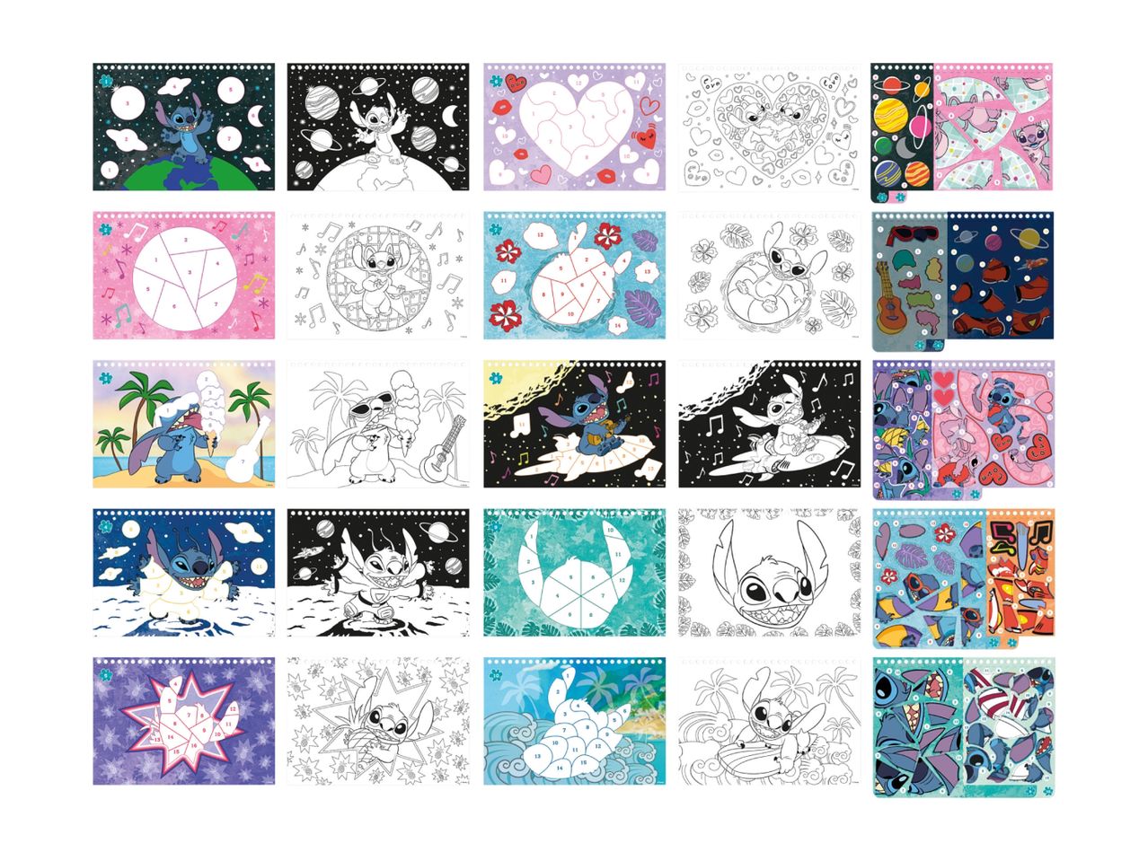 A collection of Stitch-themed color-by-number and coloring pages, including puzzles and stickers.