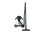 Wet and dry vacuum cleaner with a clear tank, green and black top, and a long hose.