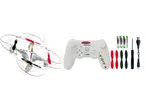 White drone with red and black propellers, remote control, batteries, spare propellers, screwdriver, and charging cable.