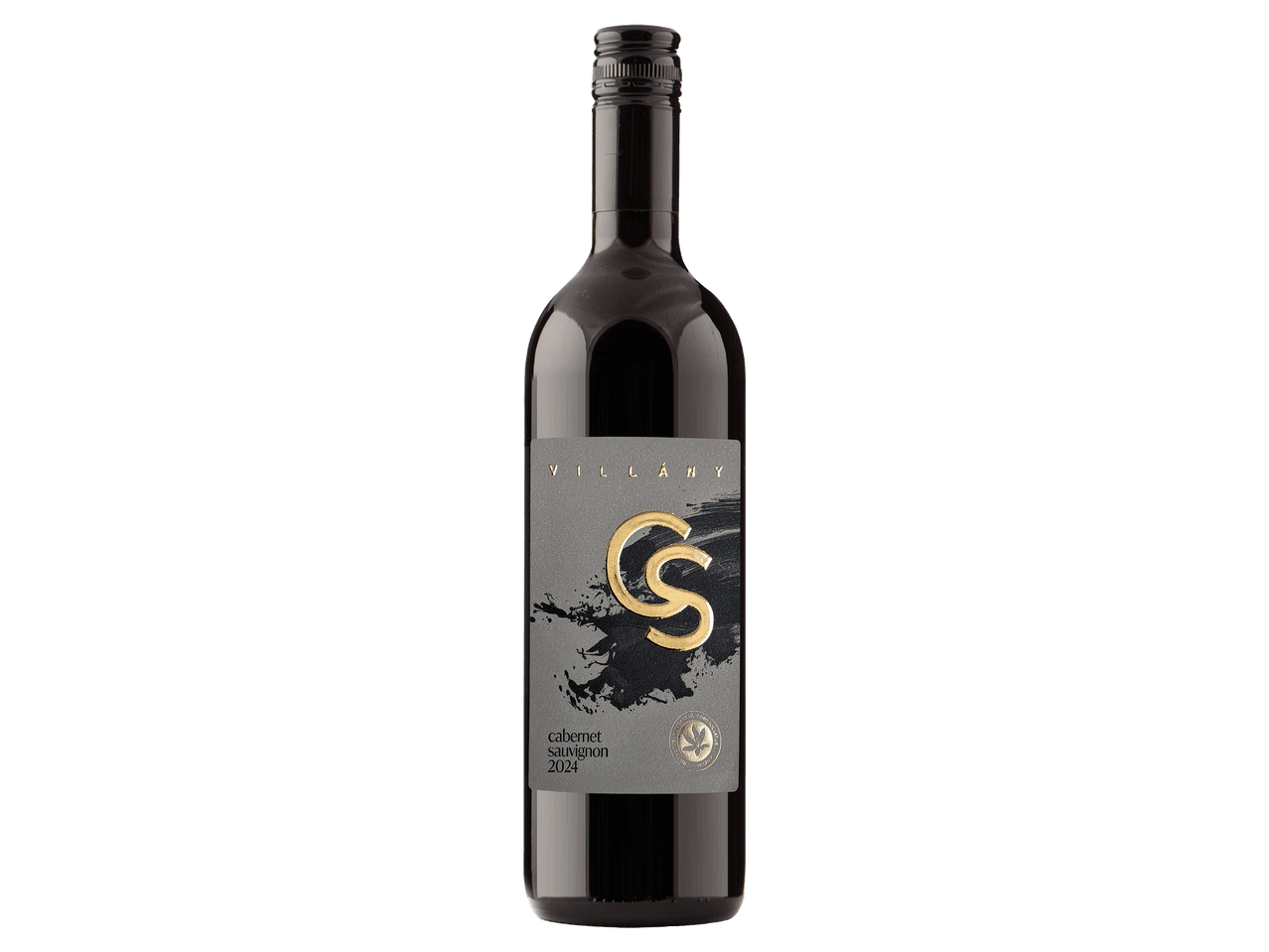 Villányi Cabernet Sauvignon vörösbor elegáns szürke címkével és arany betűkkel.