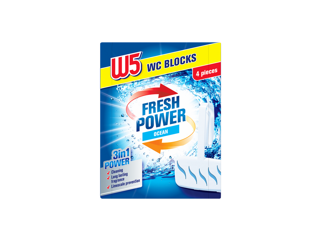 W5 WC Blocks Fresh Power Ocean, 4 bucăți, cu putere 3în1 pentru curățare, parfum și prevenirea calcarului.