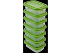 A stack of eight green plastic food containers.