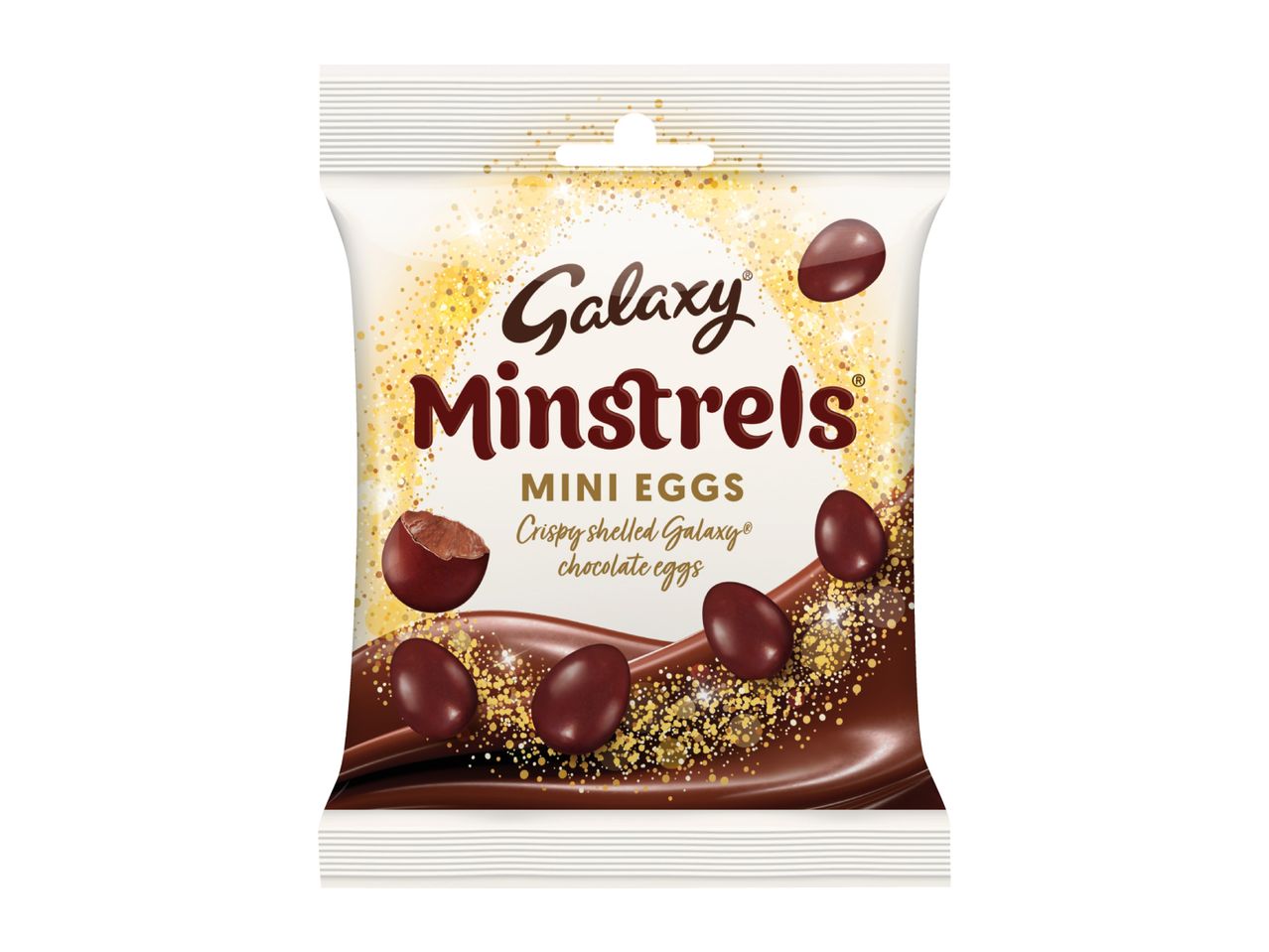 Pouch of crispy shelled chocolate mini eggs with a chocolate swirl and golden glitter.