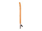 Orange inflatable stand-up paddleboard with a fin, viewed from the side.