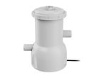 White pool filter pump with two hose connections and a power cord.