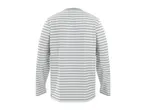 Back view of a long-sleeved striped t-shirt in light grey and white.