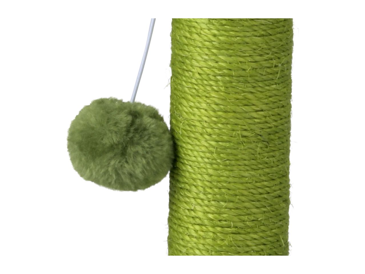 Green cat scratching post with a dangling fluffy ball toy.