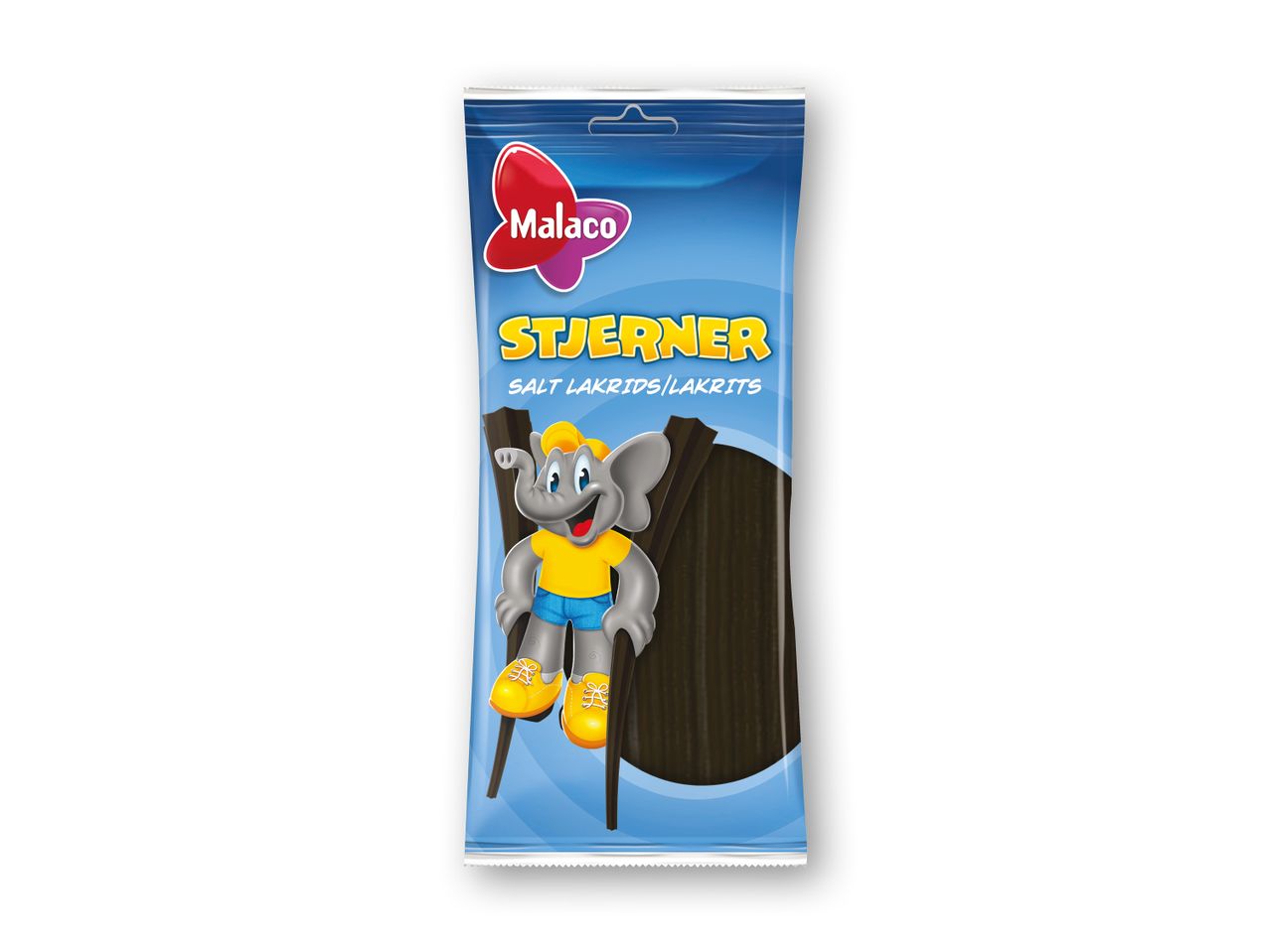 Pose med sort lakrids med en tegneserieelefant, der går på stylter.