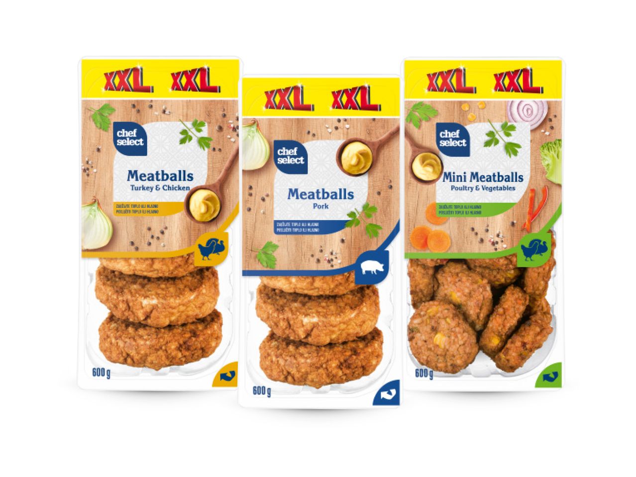 Chef Select XXL mesne okruglice od puretine i piletine, svinjetine te mini mesne okruglice od peradi i povrća.