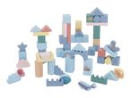 A collection of pastel-colored wooden building blocks with an underwater theme, including sea creatures.
