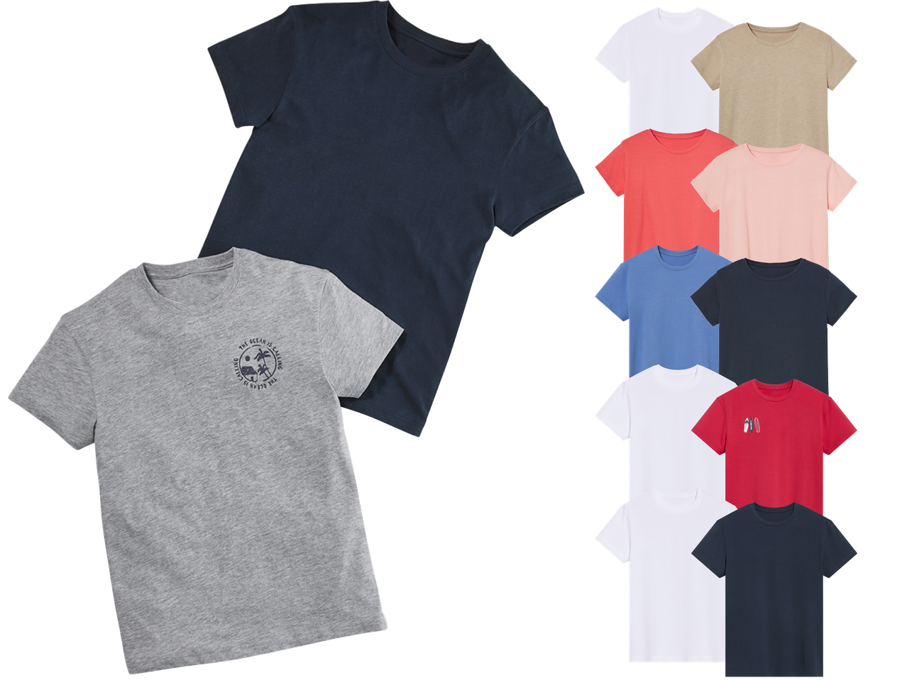 Pojkars t-shirts i olika färger och mönster, inklusive en med havsmotiv.