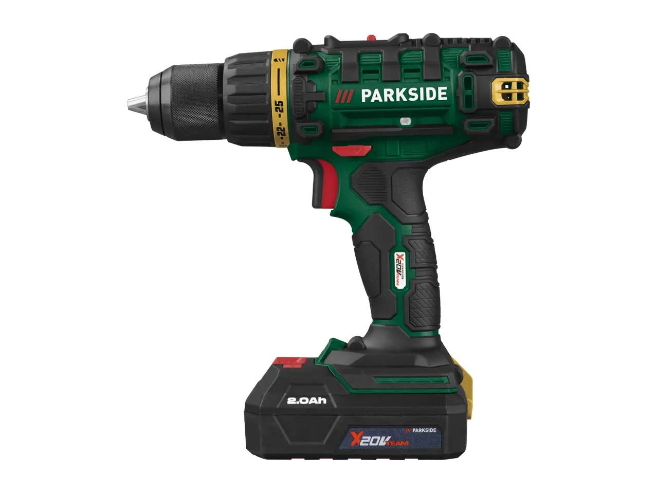 Cordless drill with a 2.0Ah battery, featuring a green and black design with red accents.