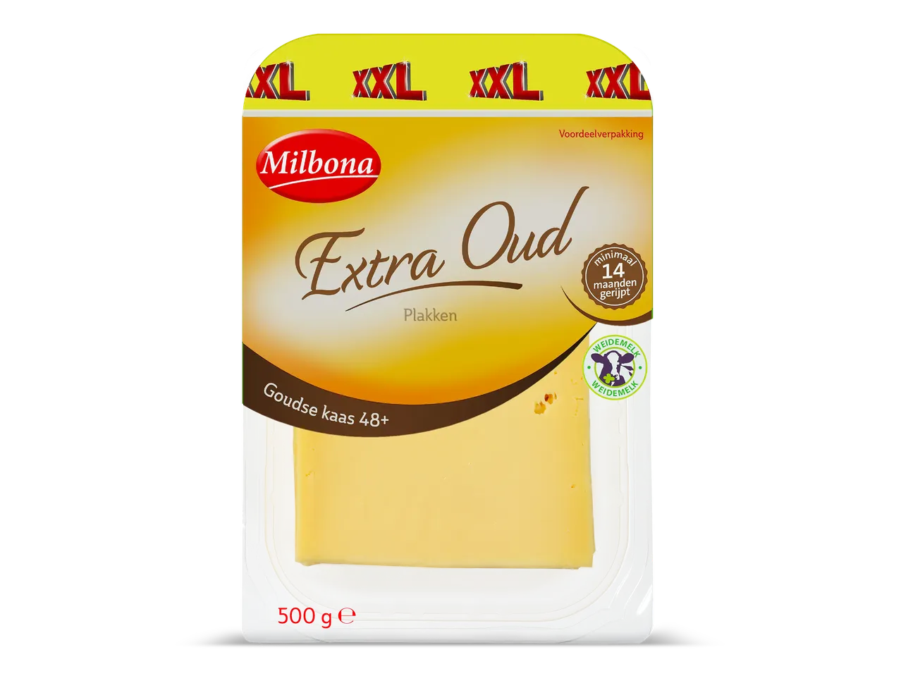 Een XXL-verpakking met plakken extra oude Goudse kaas 48+.