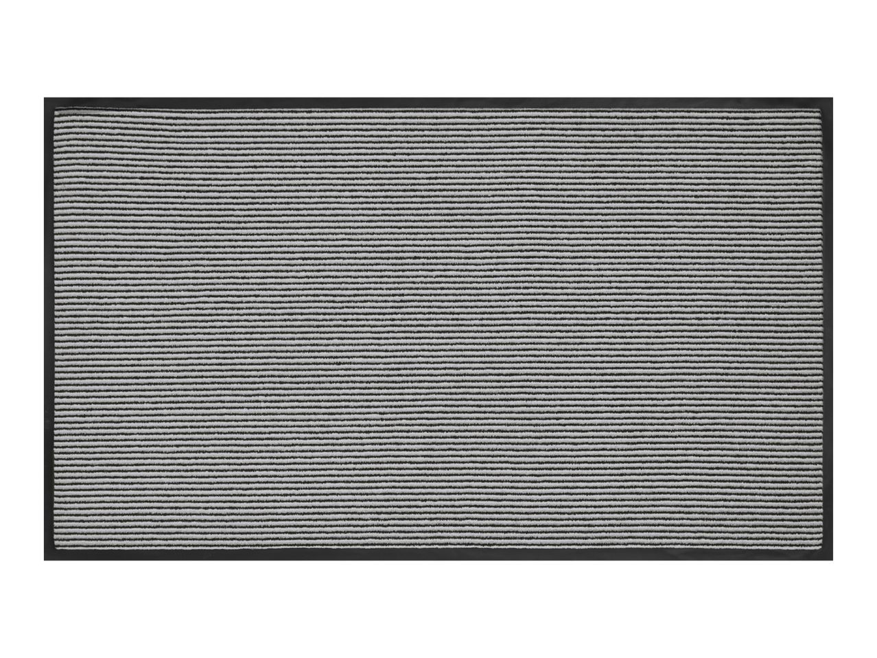 Grey and black striped doormat with a solid black border