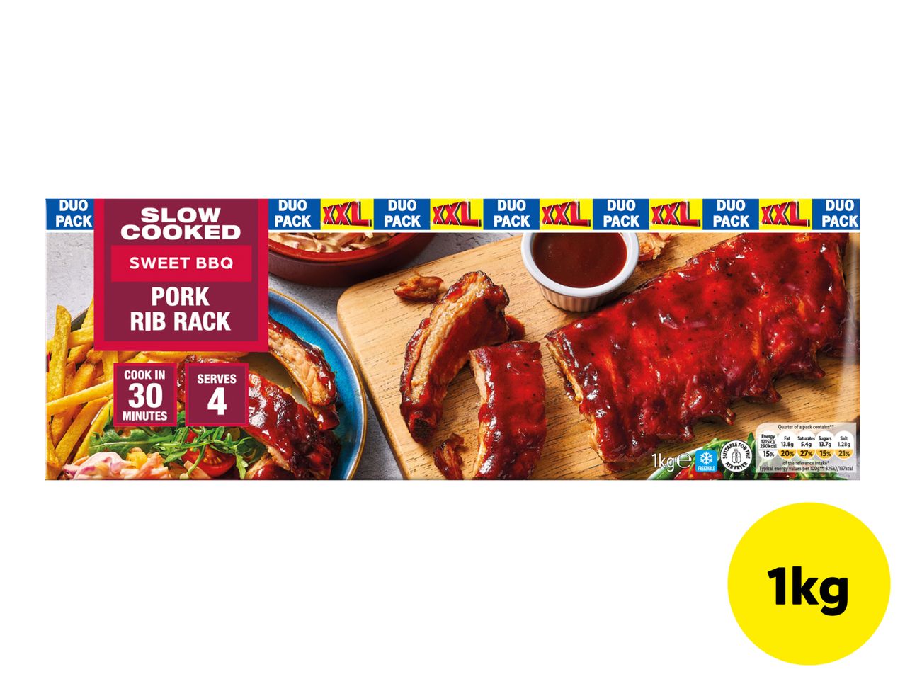 Slow cooked sweet BBQ pork rib rack, 1kg