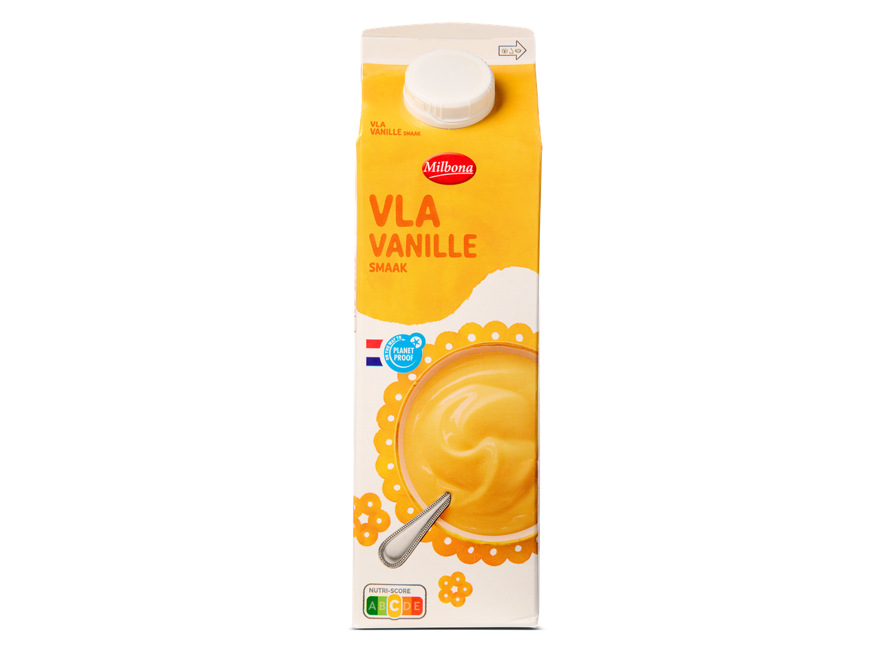 Een pak vla met vanillesmaak en een Nutri-Score B.
