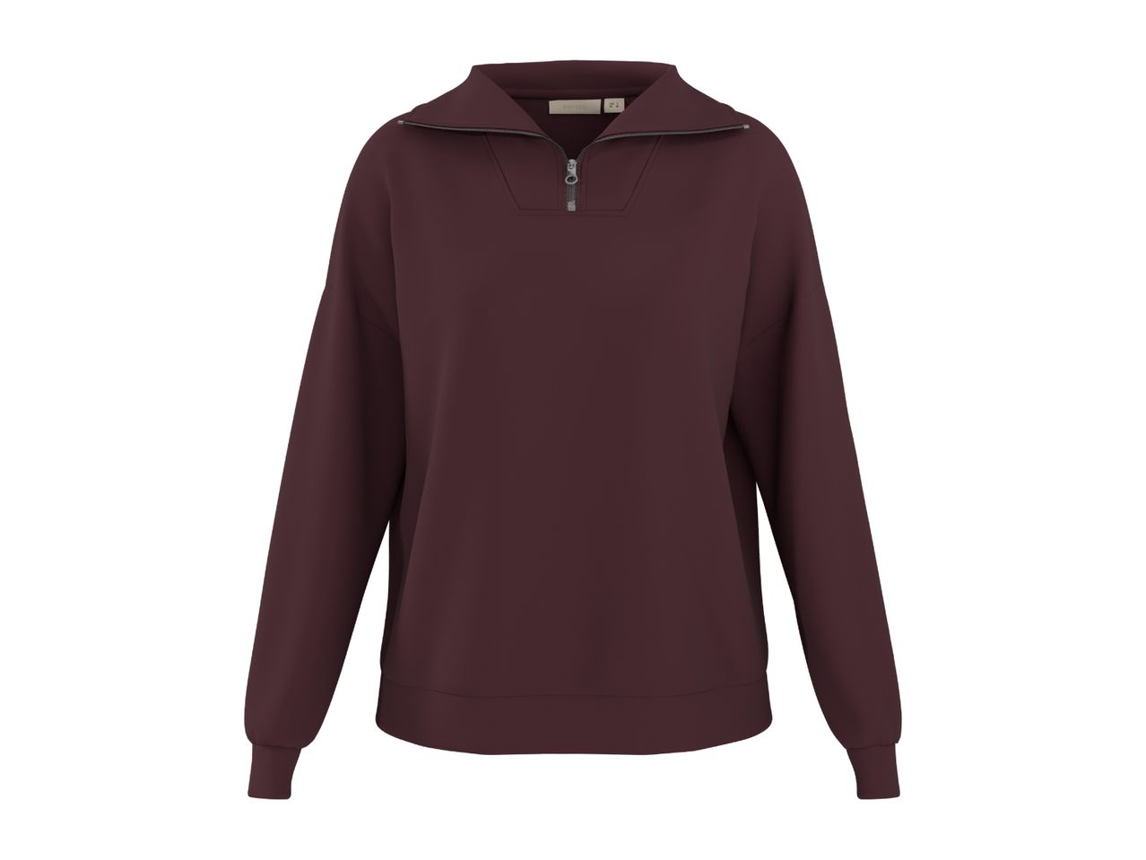 Maroon quarter-zip sweatshirt with a stand-up collar and ribbed cuffs.