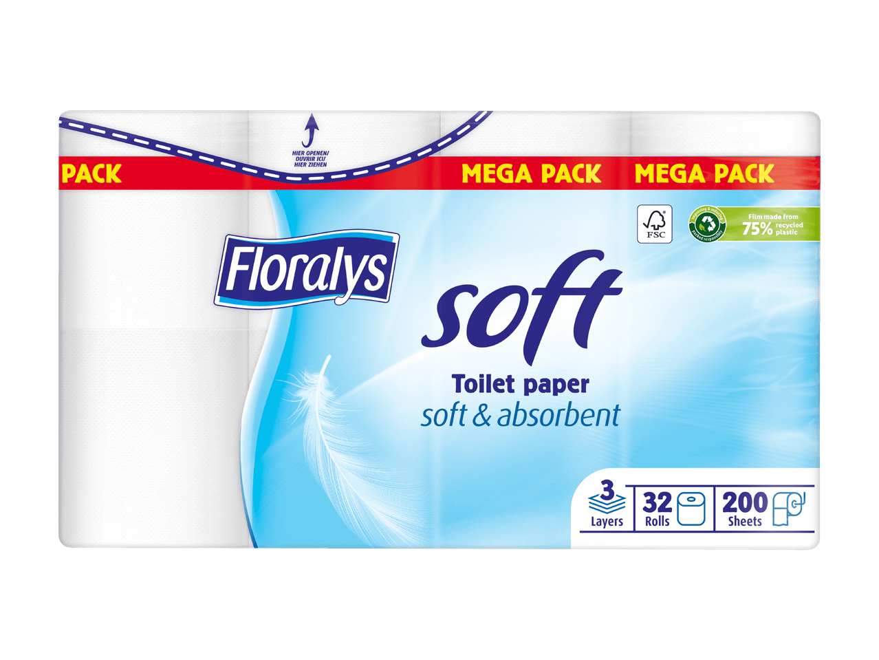 Floralys Soft Toilettenpapier, 32 Rollen, 3-lagig, weich und saugfähig, Mega Pack