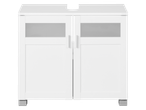 Weißer Livarno Waschbeckenunterschrank mit Doppeltüren und silbernen Griffen.