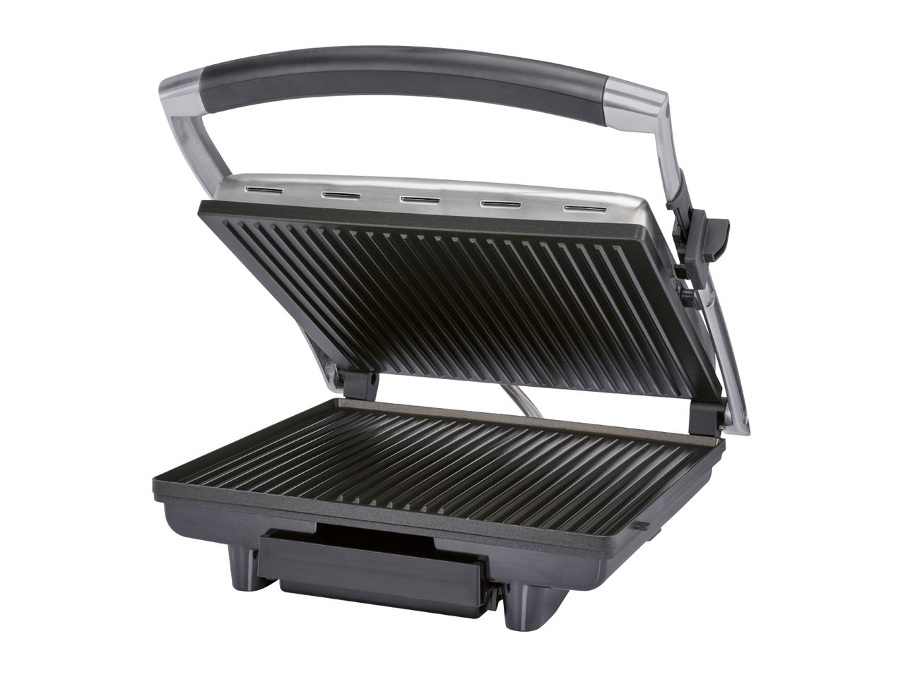 Open electric grill with ribbed cooking plates and a black handle.