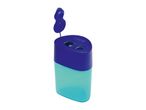 Blue and turquoise pencil sharpener with two holes and an open lid.