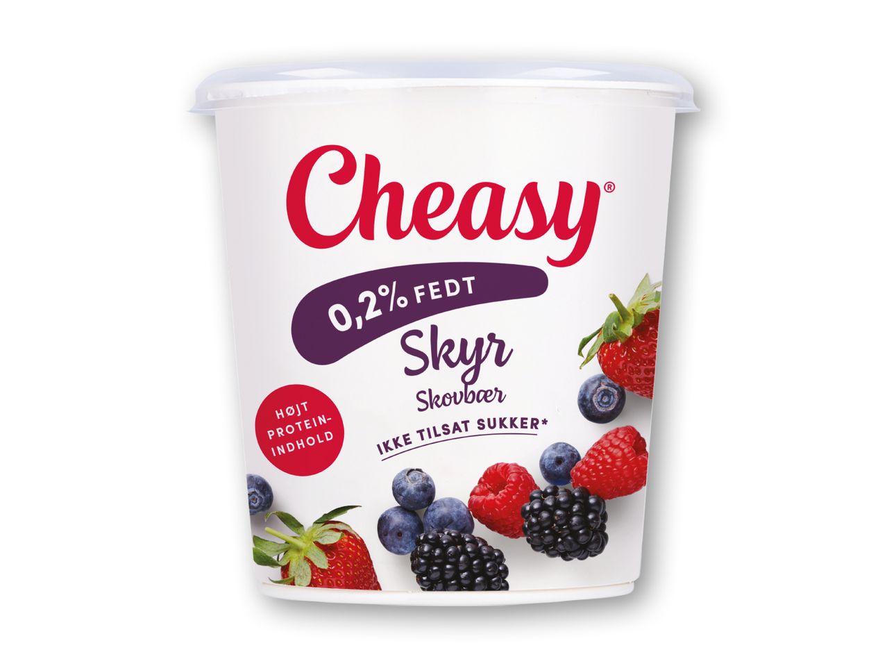 Hvid skyr-bøtte med 0,2% fedt, skovbærsmag og højt proteinindhold, med billeder af bær.