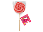 Rode en roze spiraalvormige lolly met een Fizzy-merklabel.