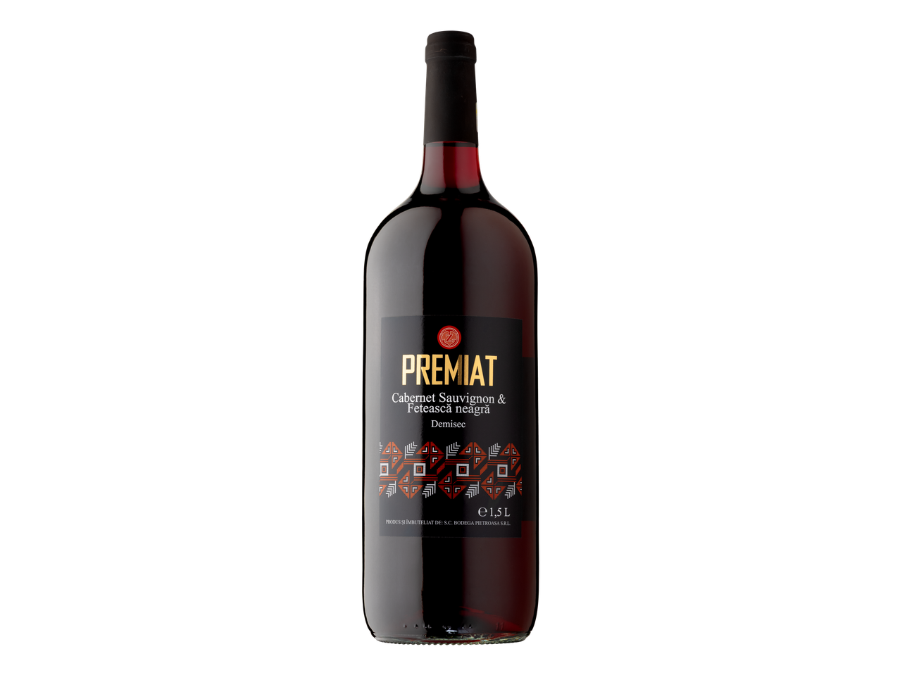O sticlă de vin roșu PREMIAT, Cabernet Sauvignon & Fetească Neagră, demisec, de 1,5L.